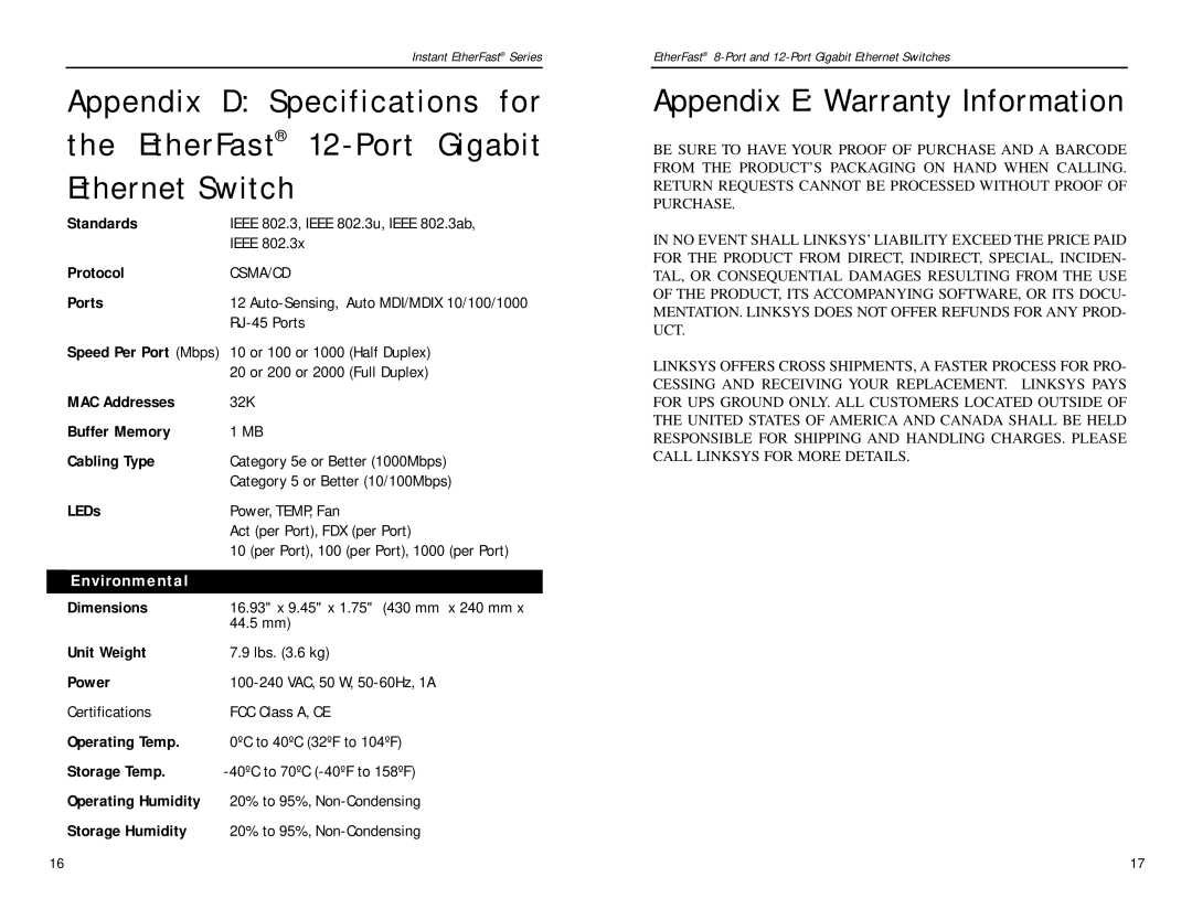 Linksys EF3508, EF3512 manual Appendix E Warranty Information, 16.93 x 9.45 x 1.75 430 mm x 240 mm 