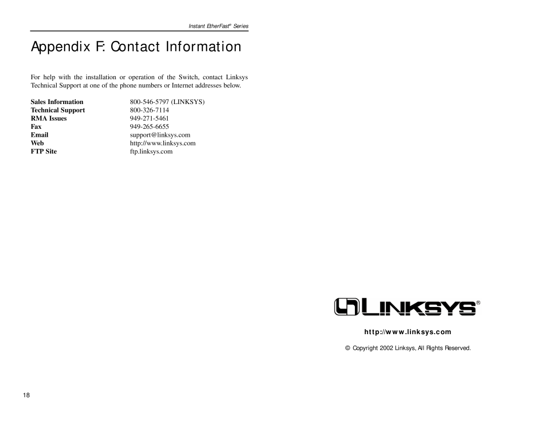 Linksys EF3512, EF3508 manual Appendix F Contact Information, Sales Information, Technical Support, RMA Issues, FTP Site 