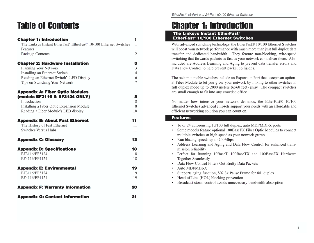 Linksys EF3116, EF4124, EF4116, EF3124 manual Table of Contents, Introduction 