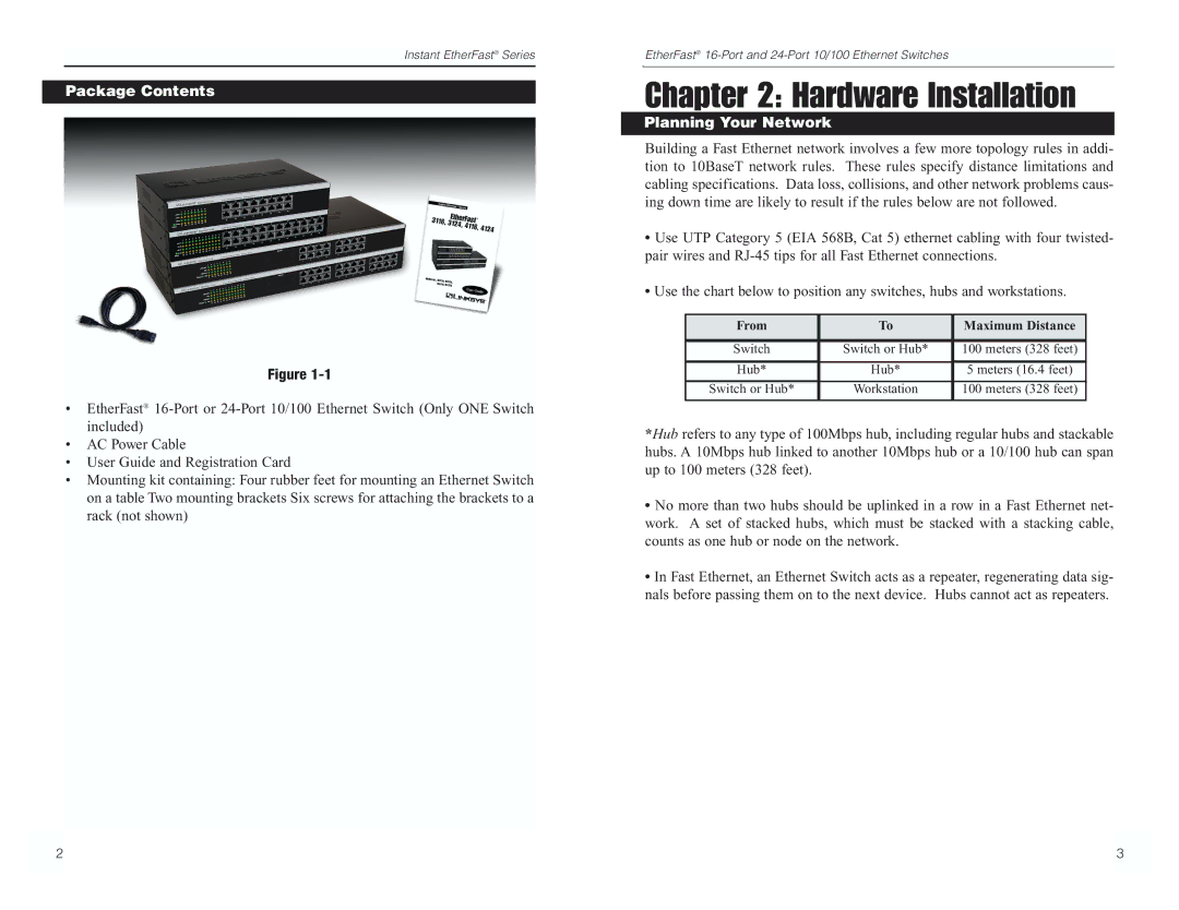 Linksys EF4124, EF4116, EF3124, EF3116 manual Hardware Installation, Package Contents, Planning Your Network 