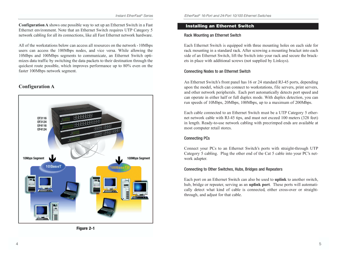 Linksys EF4116, EF4124, EF3124, EF3116 manual Configuration a, Installing an Ethernet Switch 