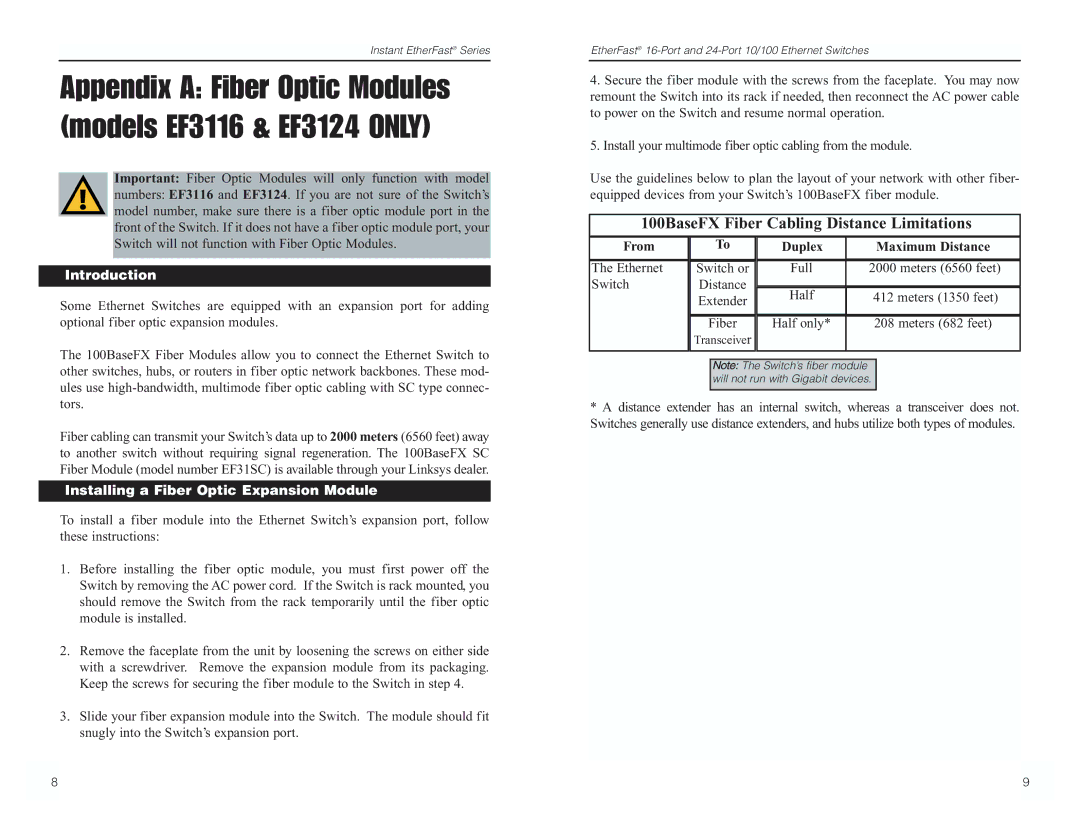 Linksys EF3116 manual 100BaseFX Fiber Cabling Distance Limitations, Introduction, Installing a Fiber Optic Expansion Module 