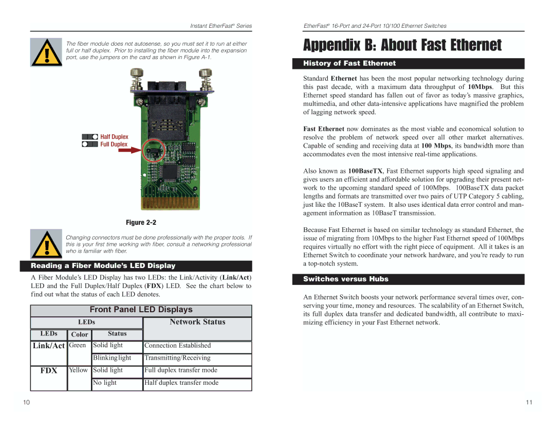 Linksys EF4124, EF4116 manual Appendix B About Fast Ethernet, Reading a Fiber Module’s LED Display, History of Fast Ethernet 