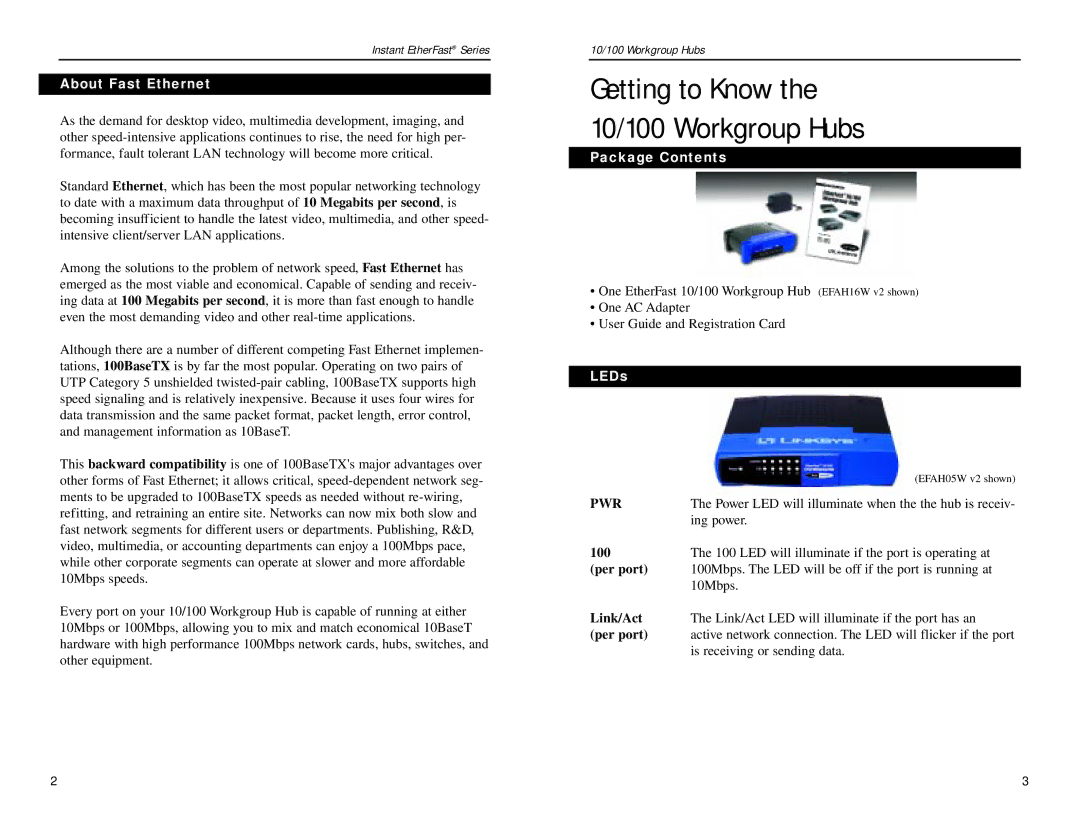 Linksys EFAH08W V2, EFAH05W V2, EFAH16W V2 manual About Fast Ethernet, Package Contents, LEDs 