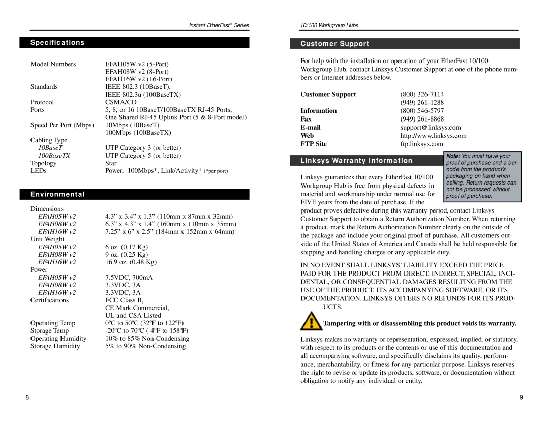 Linksys EFAH08W V2, EFAH05W V2, EFAH16W V2 Specifications, Environmental, Customer Support, Linksys Warranty Information 