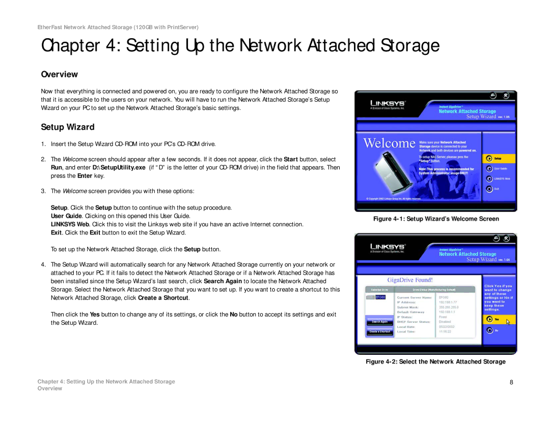 Linksys EFG120 manual Setting Up the Network Attached Storage, Overview, Setup Wizard 