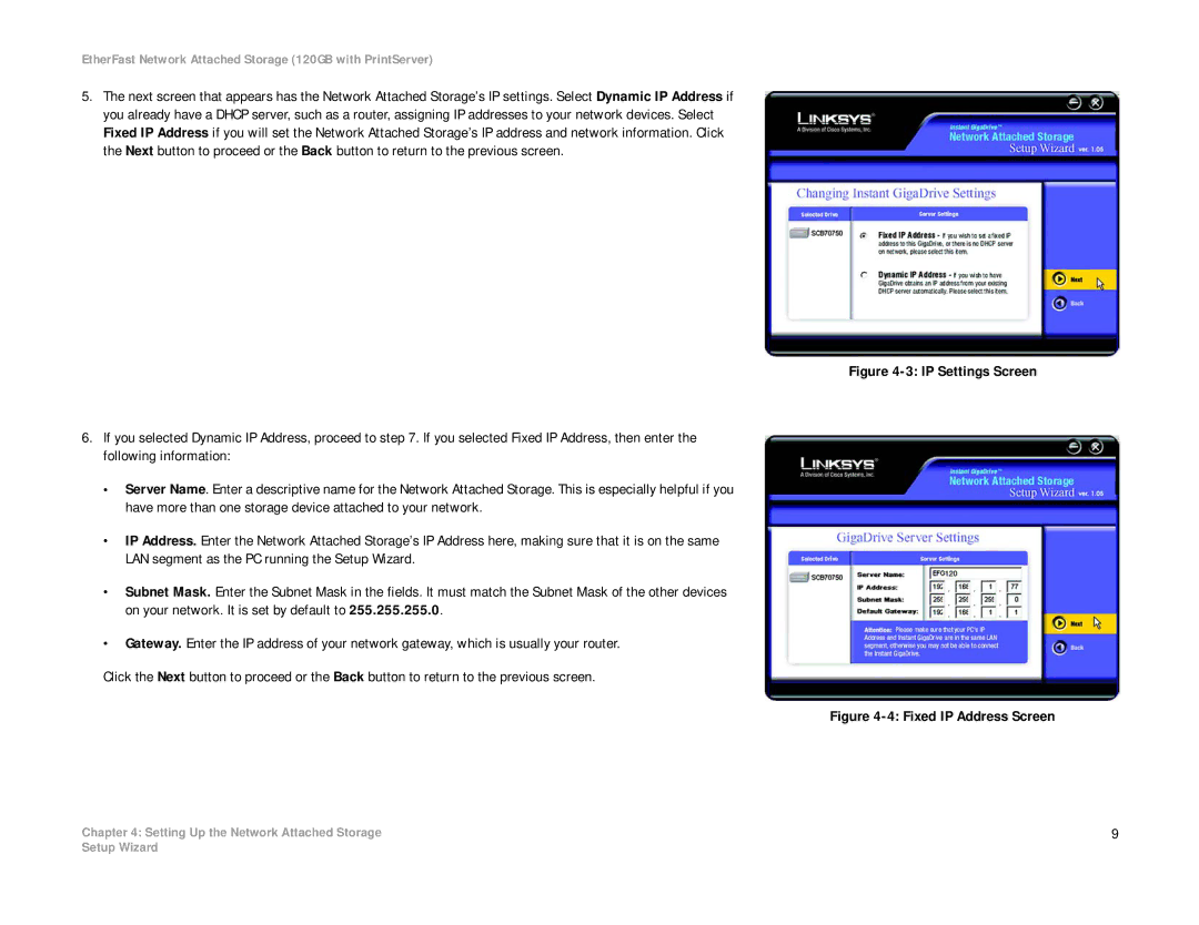 Linksys EFG120 manual IP Settings Screen 