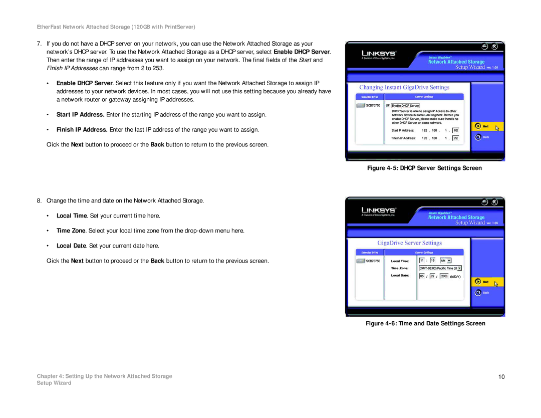 Linksys EFG120 manual Time and Date Settings Screen 