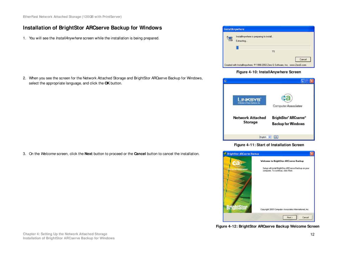 Linksys EFG120 manual Installation of BrightStor ARCserve Backup for Windows, BrightStor ARCserve Backup Welcome Screen 