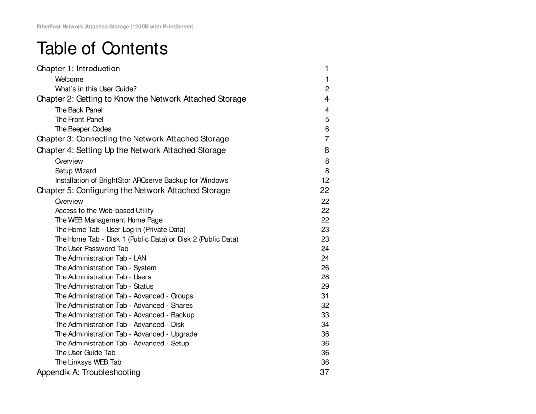 Linksys EFG120 manual Table of Contents 