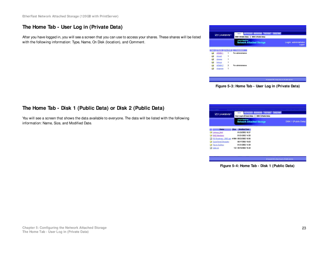 Linksys EFG120 manual Home Tab Disk 1 Public Data or Disk 2 Public Data, Home Tab User Log in Private Data 