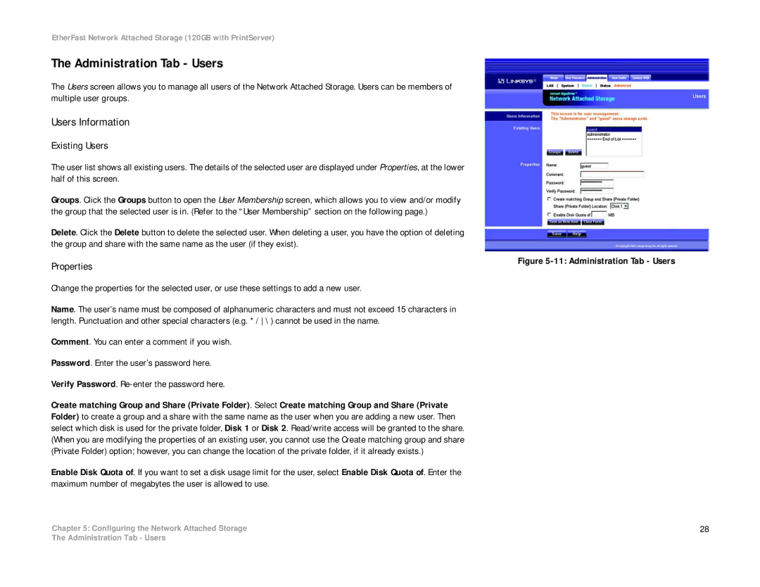 Linksys EFG120 manual Administration Tab Users, Users Information, Existing Users, Properties 