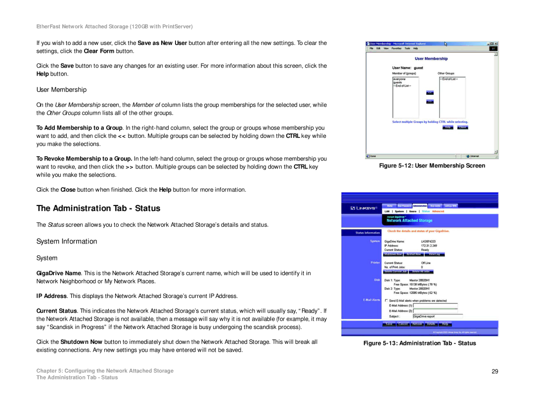 Linksys EFG120 manual Administration Tab Status, User Membership, System 