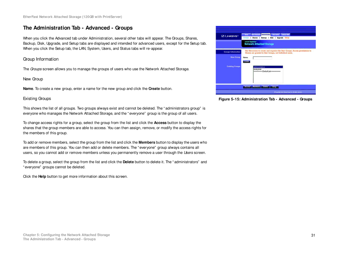 Linksys EFG120 manual Administration Tab Advanced Groups, Group Information, New Group, Existing Groups 