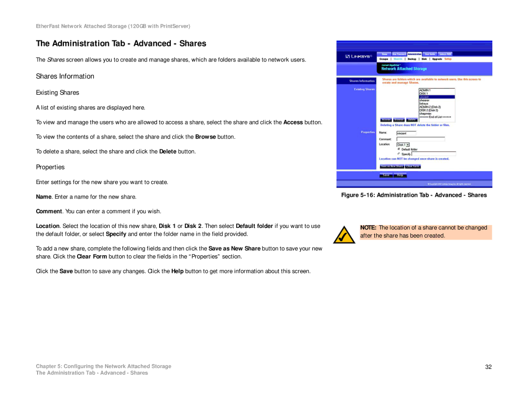 Linksys EFG120 manual Administration Tab Advanced Shares, Shares Information, Existing Shares 