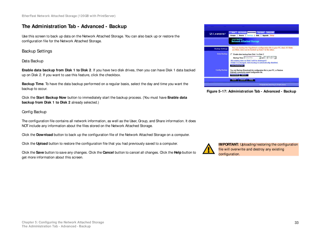 Linksys EFG120 manual Administration Tab Advanced Backup, Backup Settings, Data Backup, Config Backup 