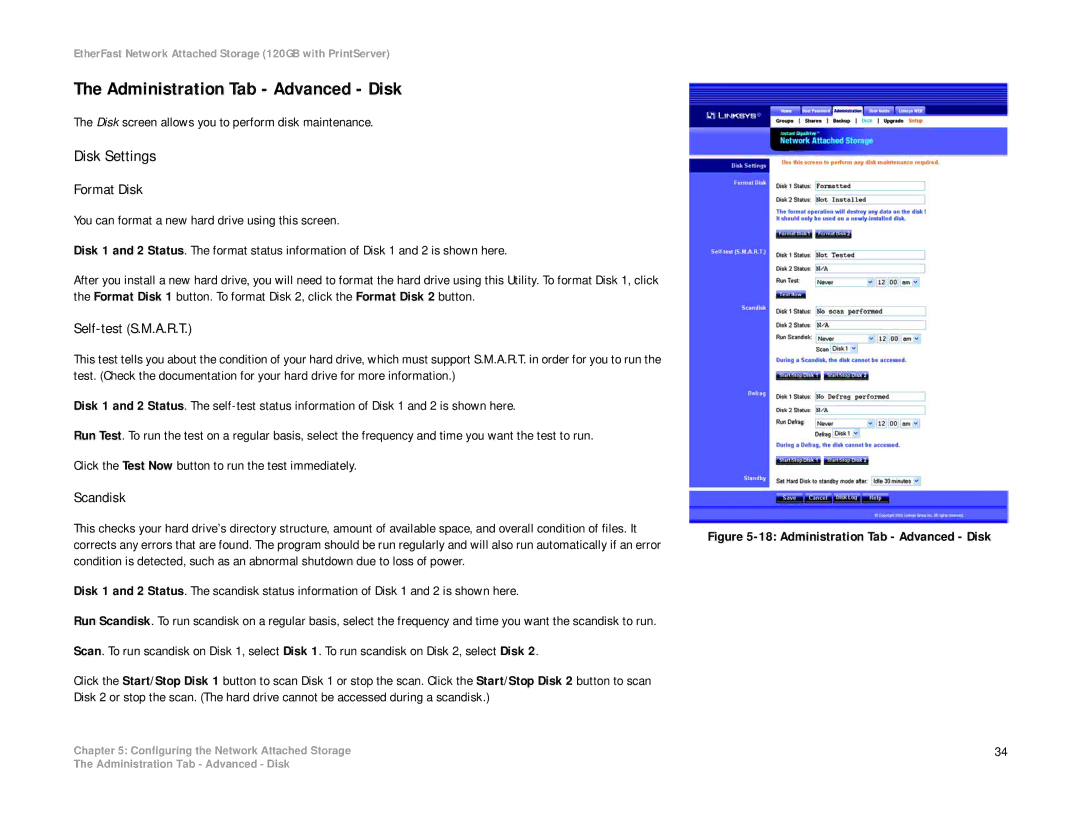 Linksys EFG120 manual Administration Tab Advanced Disk, Disk Settings, Format Disk, Self-test S.M.A.R.T, Scandisk 