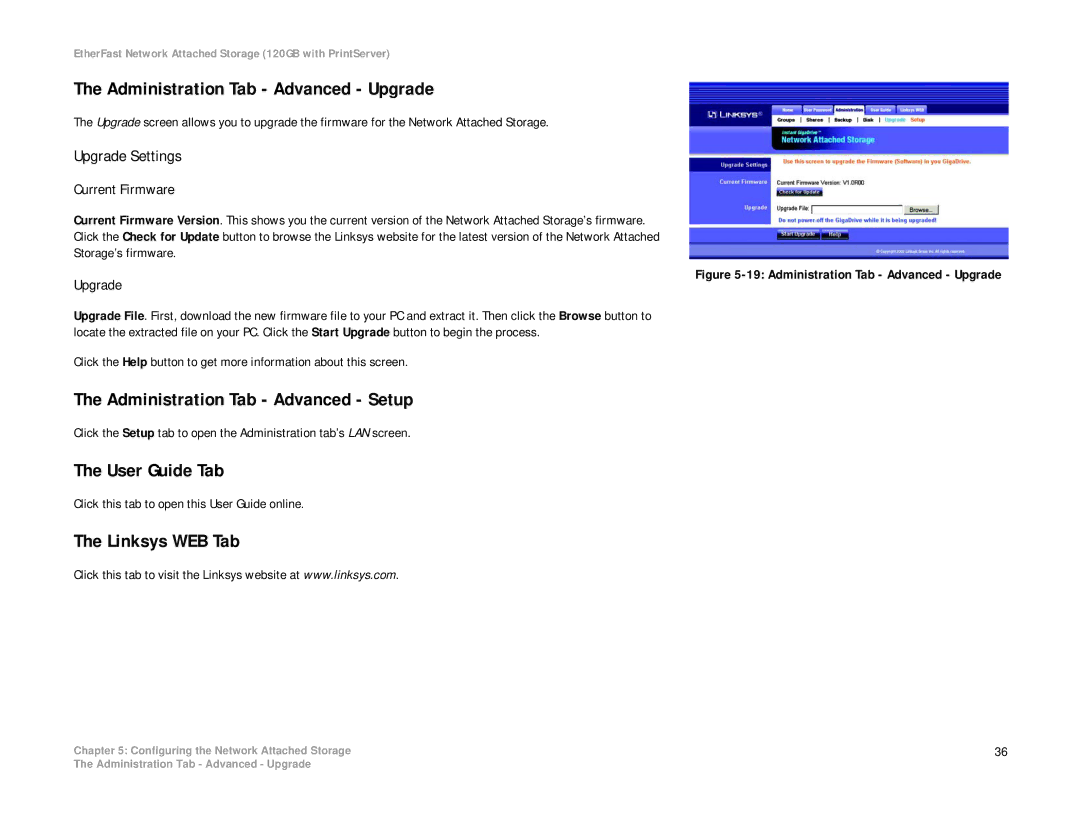 Linksys EFG120 Administration Tab Advanced Upgrade, Administration Tab Advanced Setup, User Guide Tab, Linksys WEB Tab 