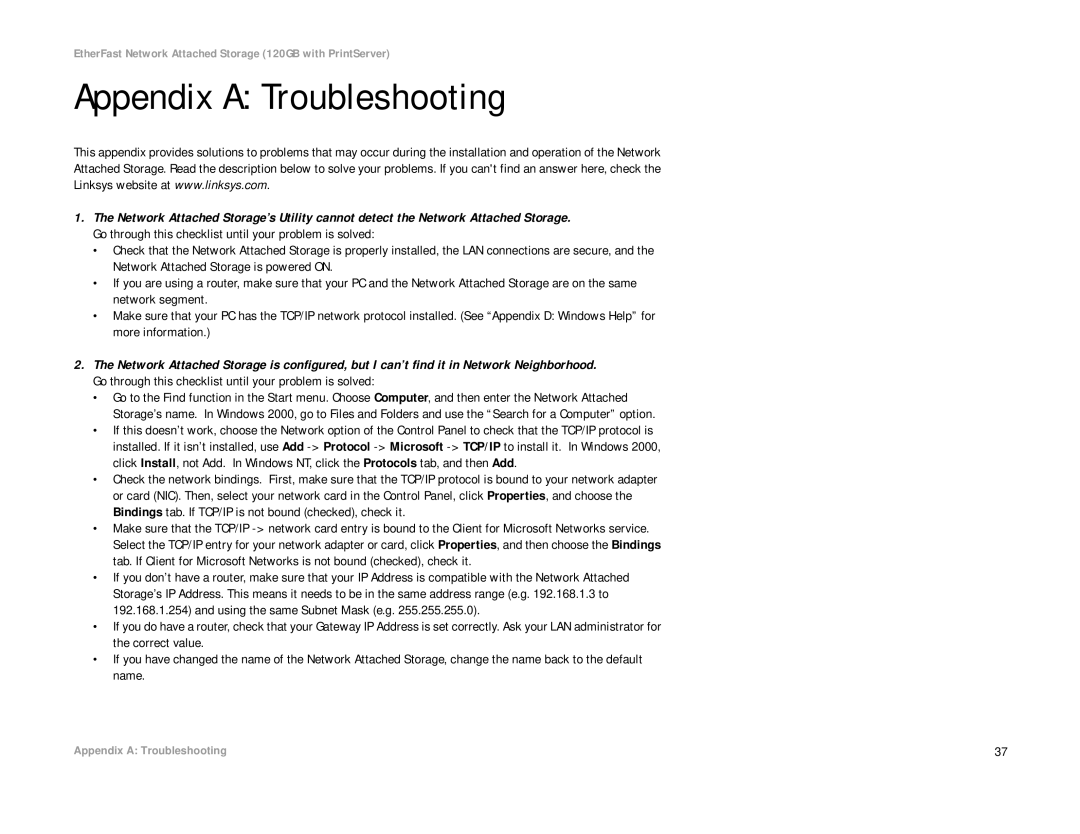 Linksys EFG120 manual Appendix a Troubleshooting 