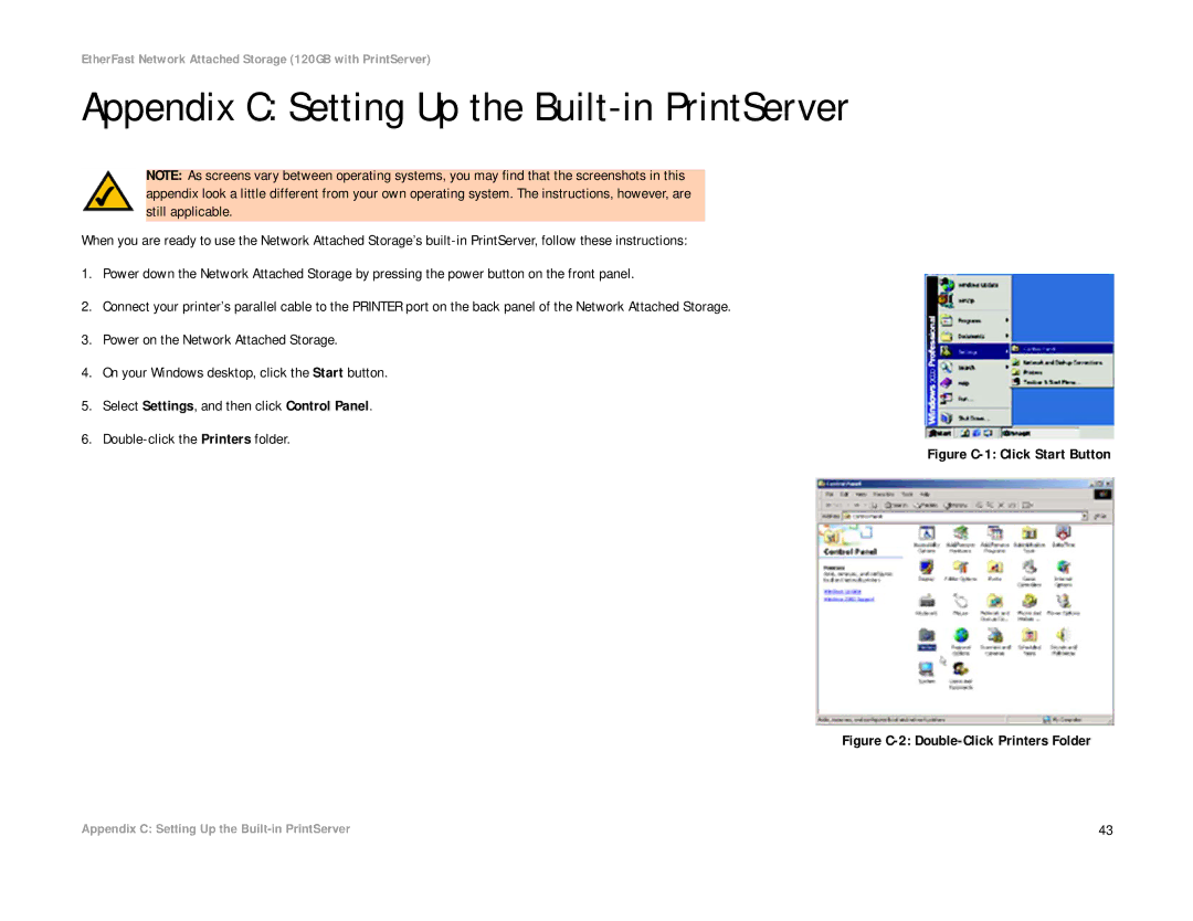 Linksys EFG120 manual Appendix C Setting Up the Built-in PrintServer, Figure C-1 Click Start Button 