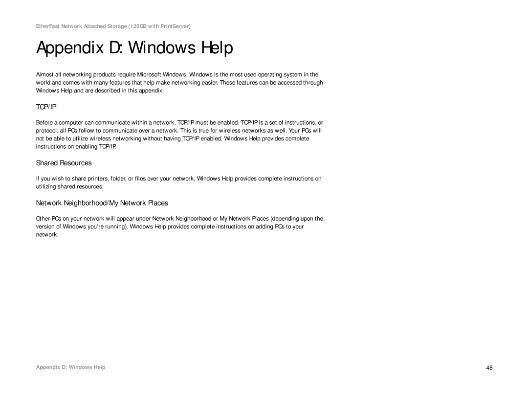 Linksys EFG120 manual Appendix D Windows Help, Shared Resources, Network Neighborhood/My Network Places 