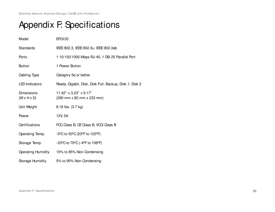 Linksys EFG120 manual Appendix F Specifications, 10/100/1000 Mbps RJ-45, 1 DB-25 Parallel Port 