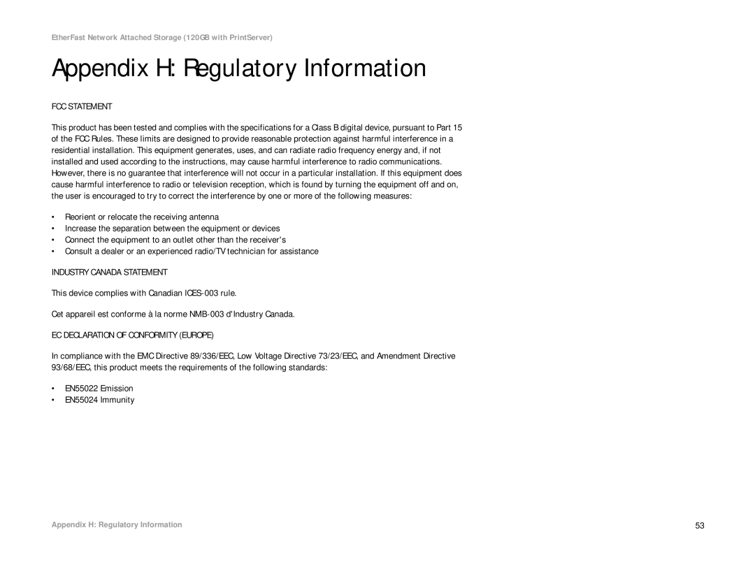 Linksys EFG120 manual Appendix H Regulatory Information, FCC Statement 