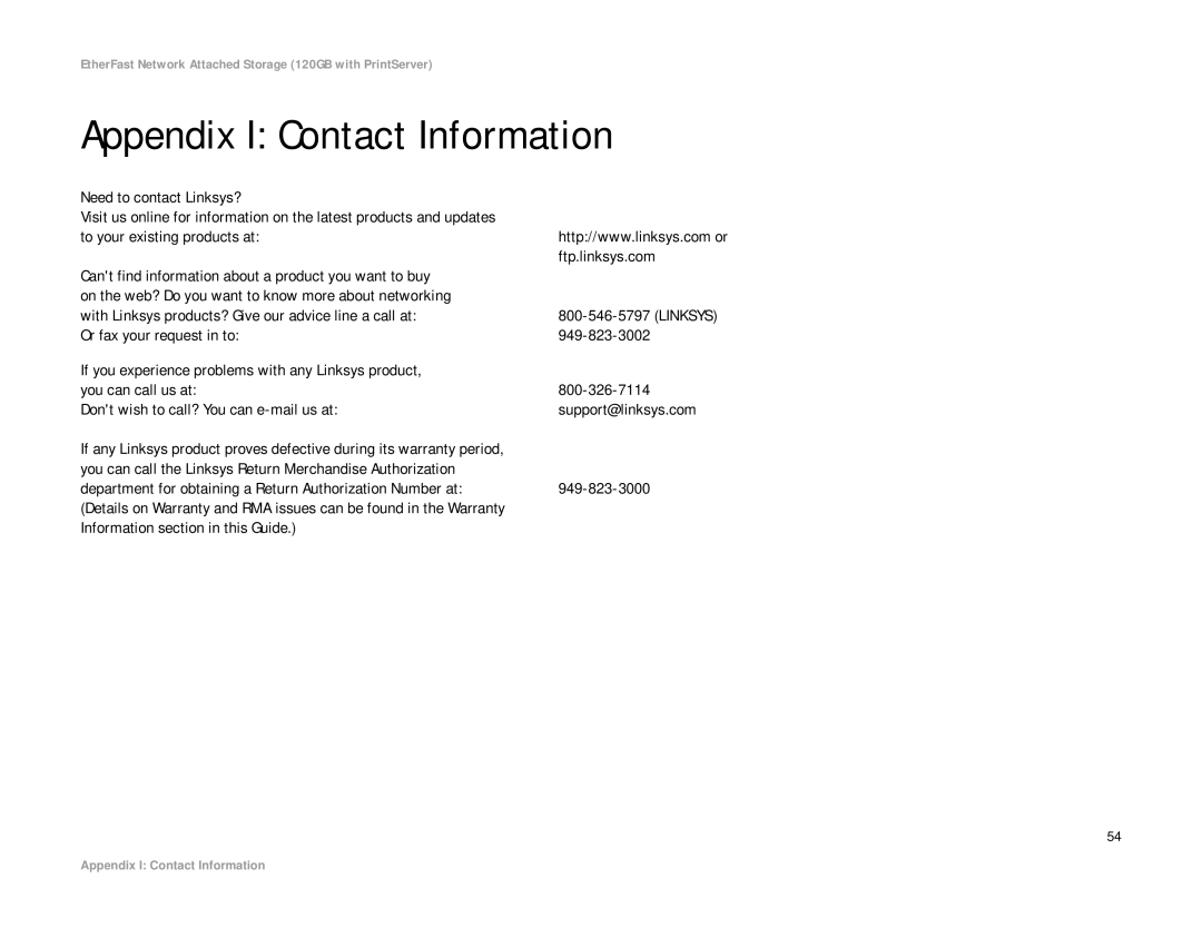 Linksys EFG120 manual Appendix I Contact Information, Need to contact Linksys?, Information section in this Guide 