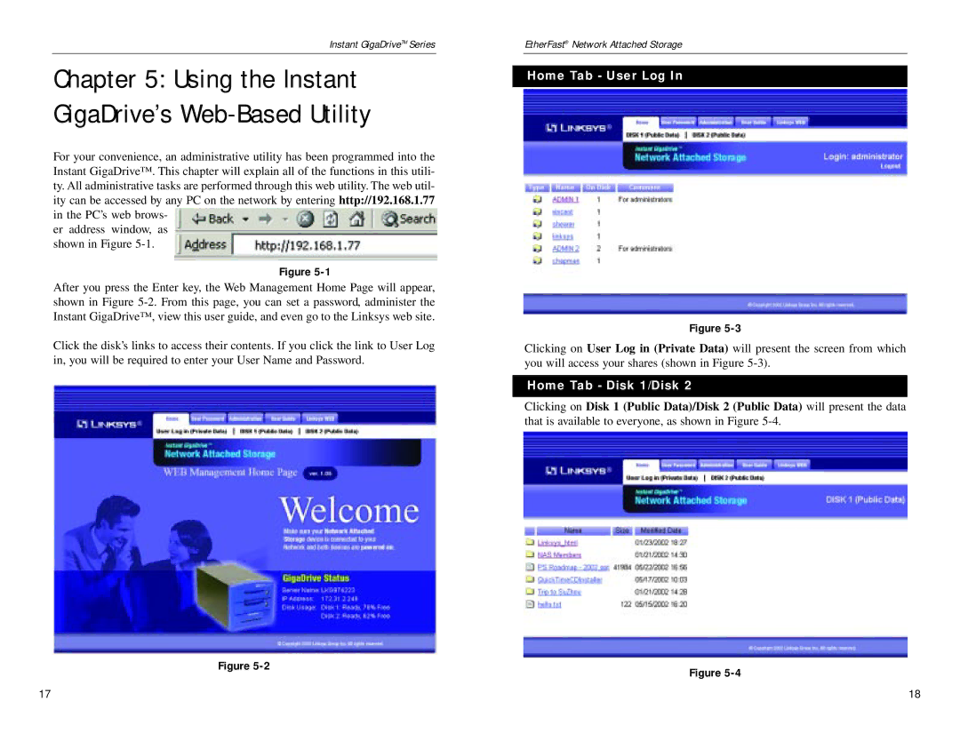 Linksys EFG80 manual Home Tab User Log, Home Tab Disk 1/Disk 