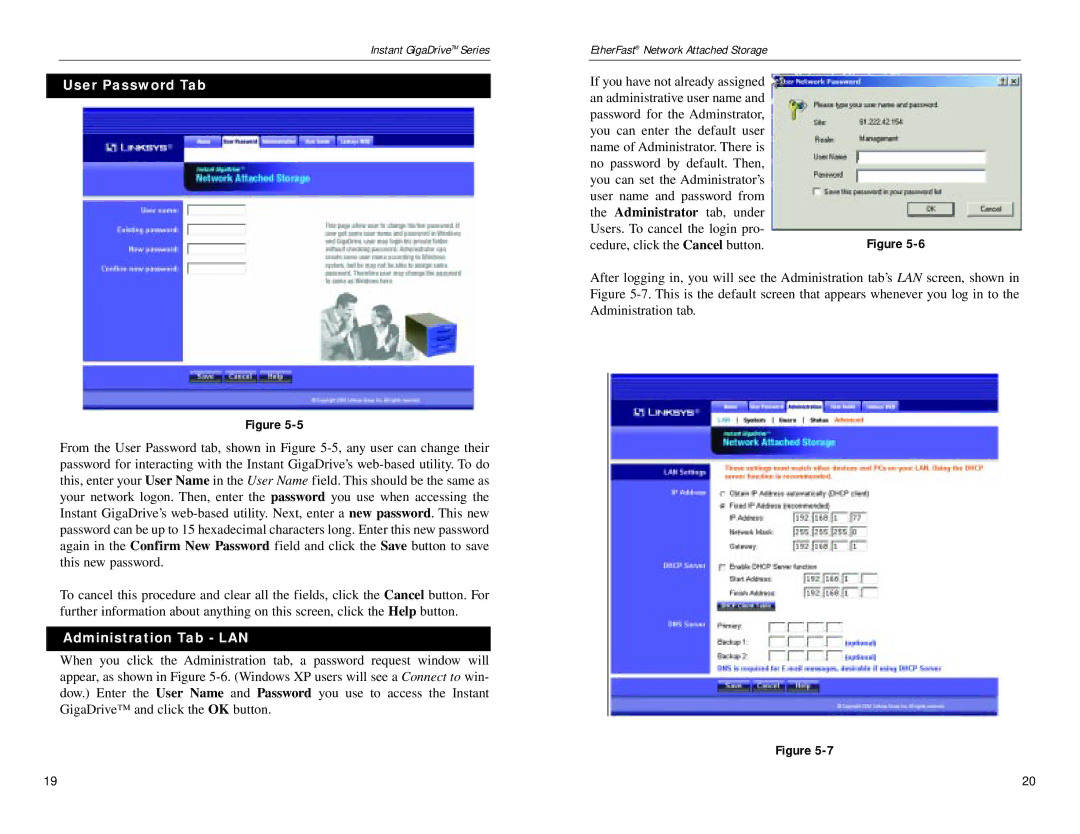 Linksys EFG80 manual User Password Tab, Administration Tab LAN 