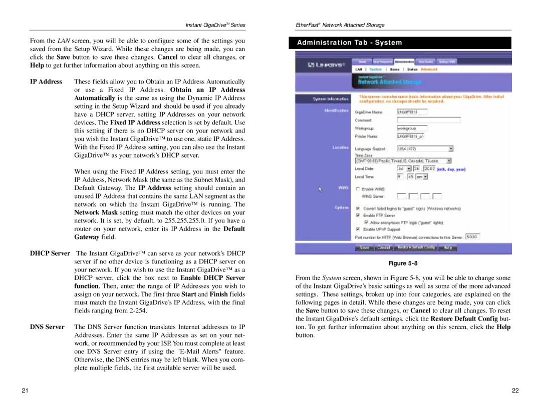 Linksys EFG80 manual Administration Tab System 