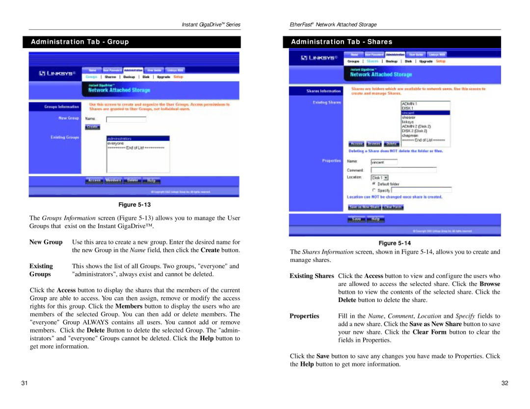 Linksys EFG80 manual Administration Tab Group, Administration Tab Shares 