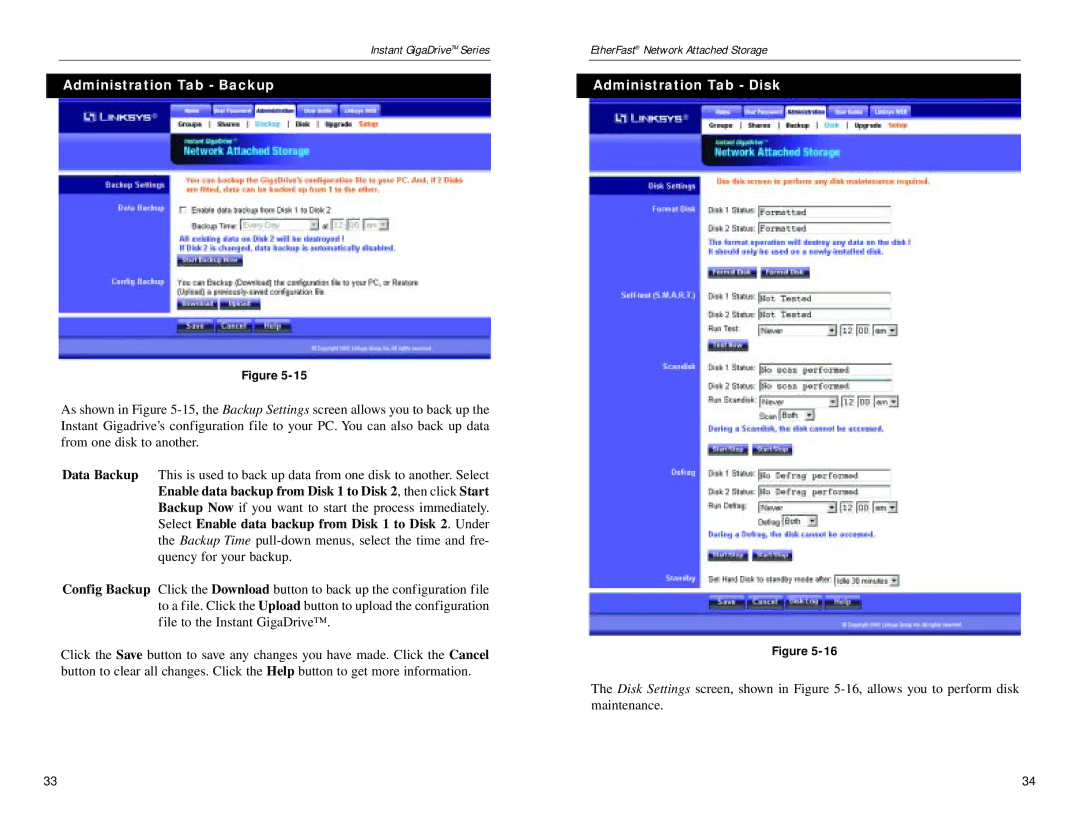 Linksys EFG80 manual Administration Tab Backup, Administration Tab Disk 