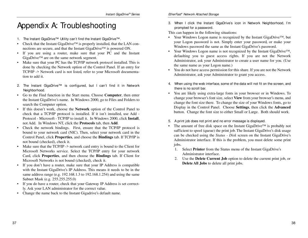 Linksys EFG80 manual Appendix a Troubleshooting, Instant GigaDrive Utility can’t find the Instant GigaDrive 