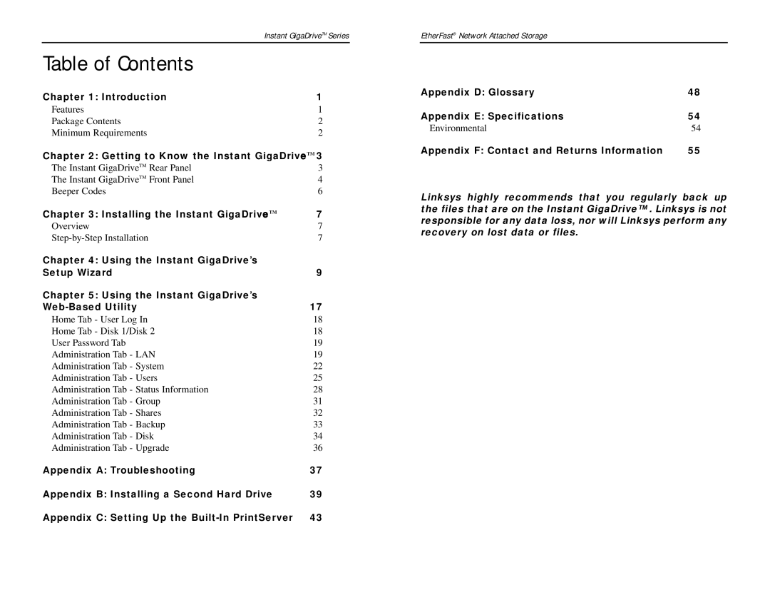 Linksys EFG80 manual Table of Contents 