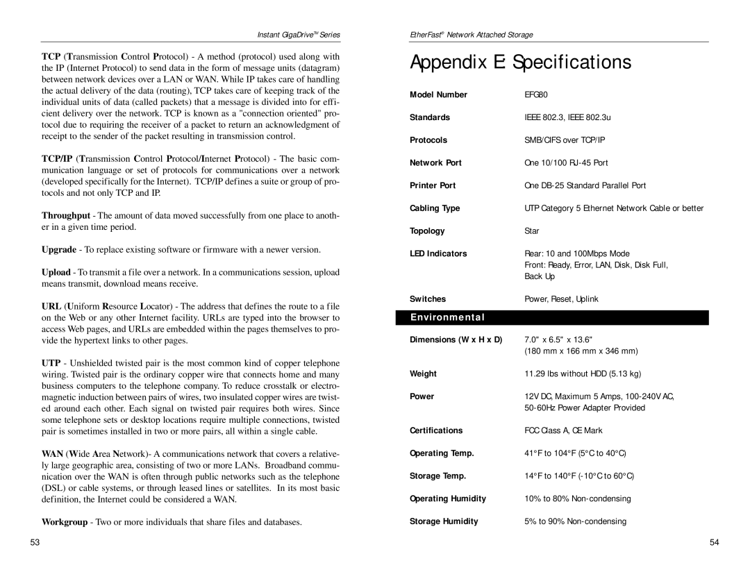 Linksys EFG80 manual Appendix E Specifications, Environmental 