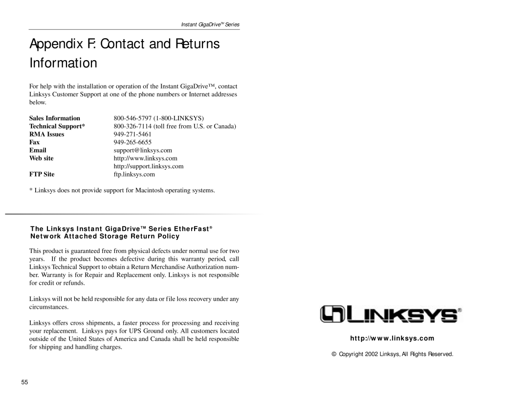 Linksys EFG80 manual Appendix F Contact and Returns Information 