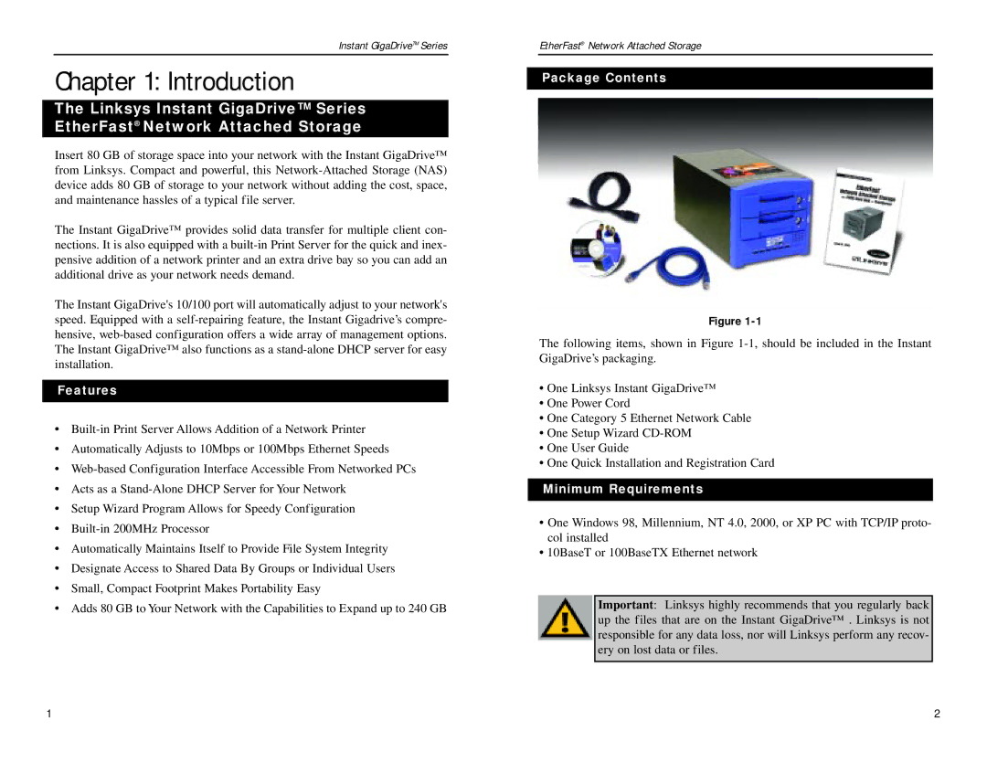 Linksys EFG80 manual Introduction, Features, Package Contents, Minimum Requirements 