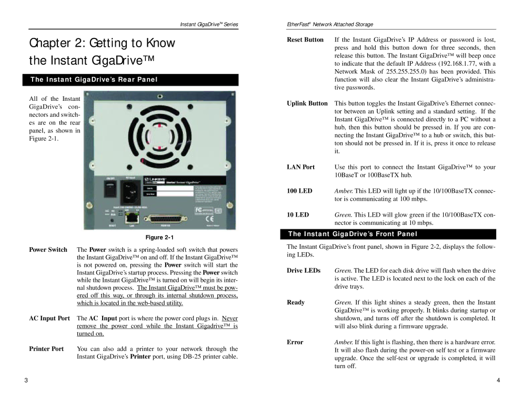 Linksys EFG80 manual Instant GigaDrive’s Rear Panel, Instant GigaDrive’s Front Panel 