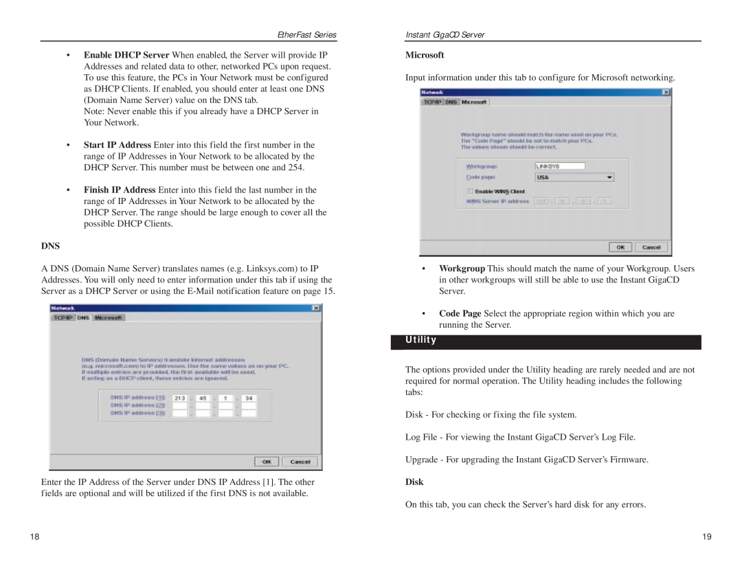 Linksys EFVCD20 manual Utility, EtherFast Series, Instant GigaCD Server, Microsoft, Disk 