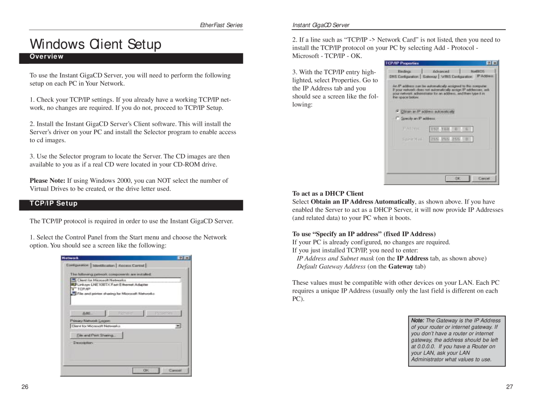 Linksys EFVCD20 manual Windows Client Setup, TCP/IP Setup, EtherFast Series, Overview, Instant GigaCD Server 