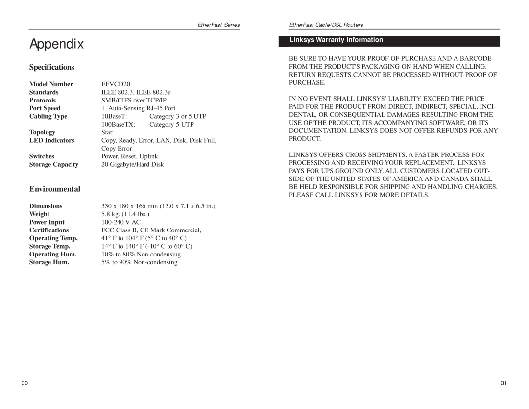 Linksys EFVCD20 manual Appendix, EtherFast Cable/DSL Routers, Linksys Warranty Information, Specifications, Environmental 