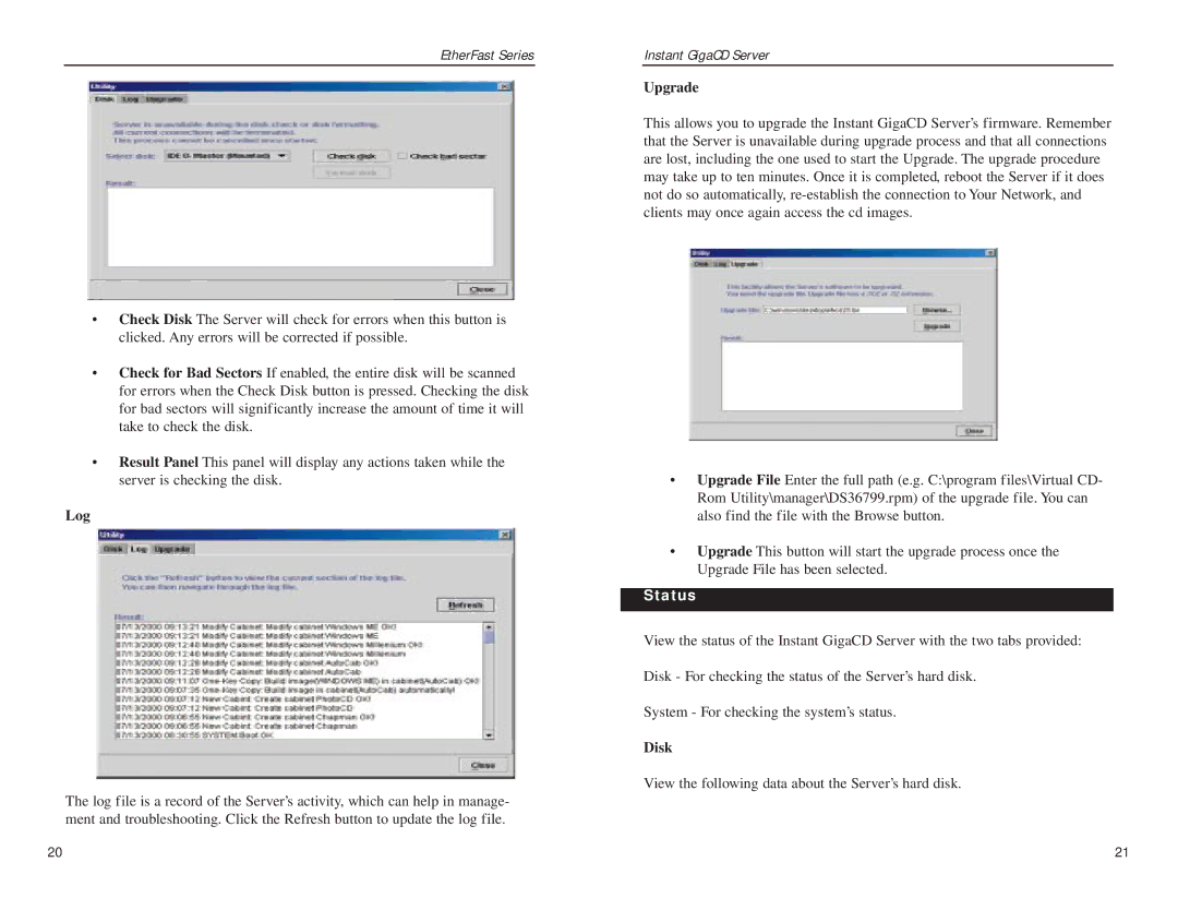 Linksys EFVCD20 manual Log, Upgrade, Status 