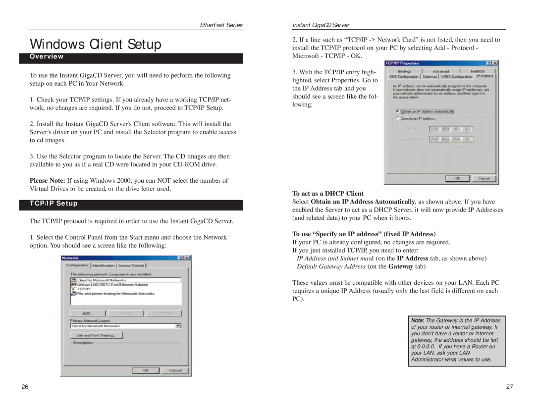 Linksys EFVCD20 Windows Client Setup, TCP/IP Setup, To act as a Dhcp Client, To use Specify an IP address fixed IP Address 