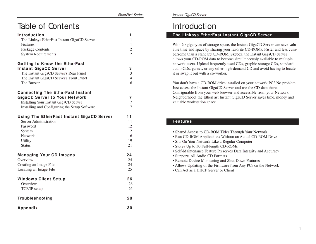 Linksys EFVCD20 manual Table of Contents, Introduction 