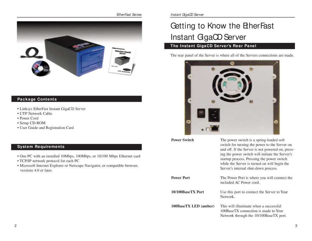 Linksys EFVCD20 manual Package Contents, System Requirements, Instant GigaCD Server’s Rear Panel 