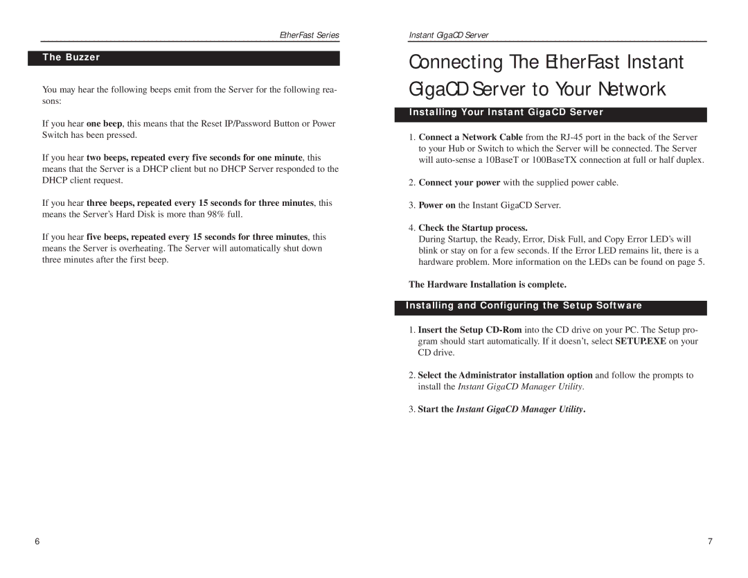 Linksys EFVCD20 manual Buzzer, Installing Your Instant GigaCD Server, Check the Startup process 