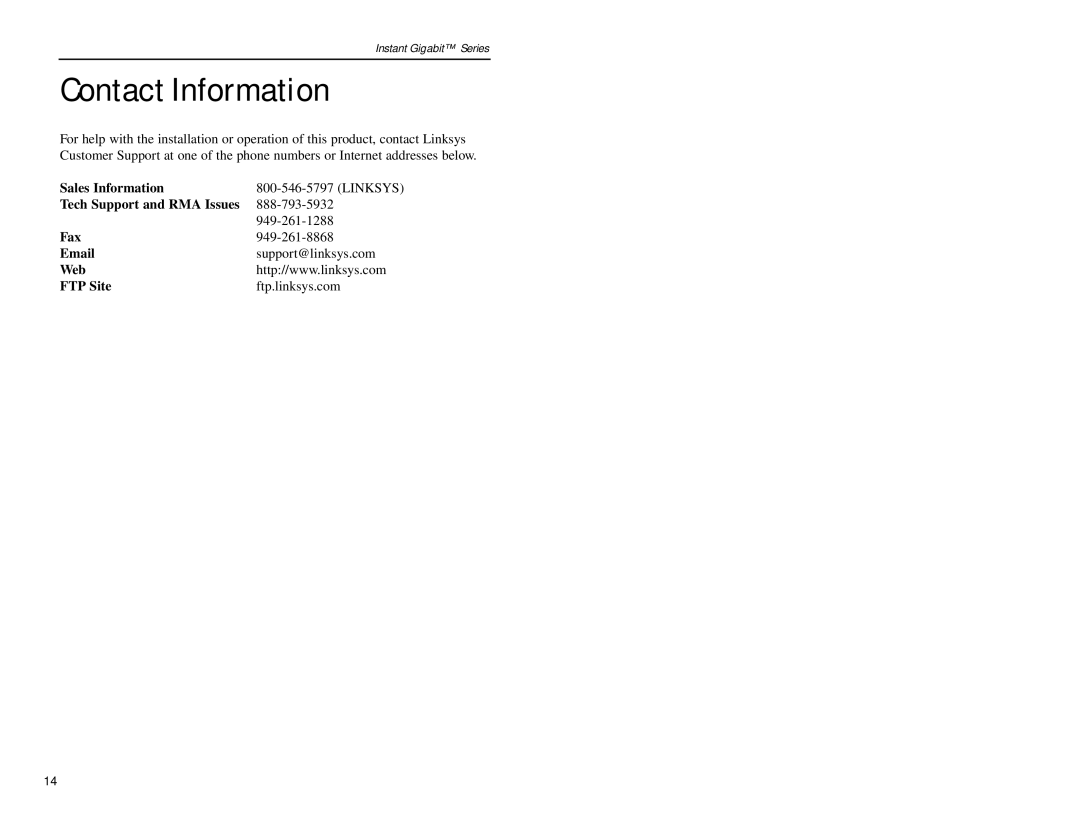 Linksys EG0008 manual Contact Information 