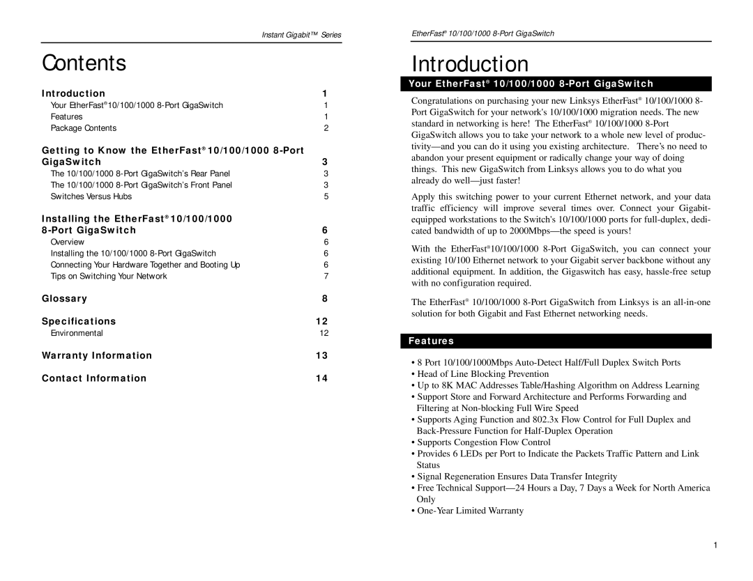 Linksys EG0008 manual Contents, Introduction 