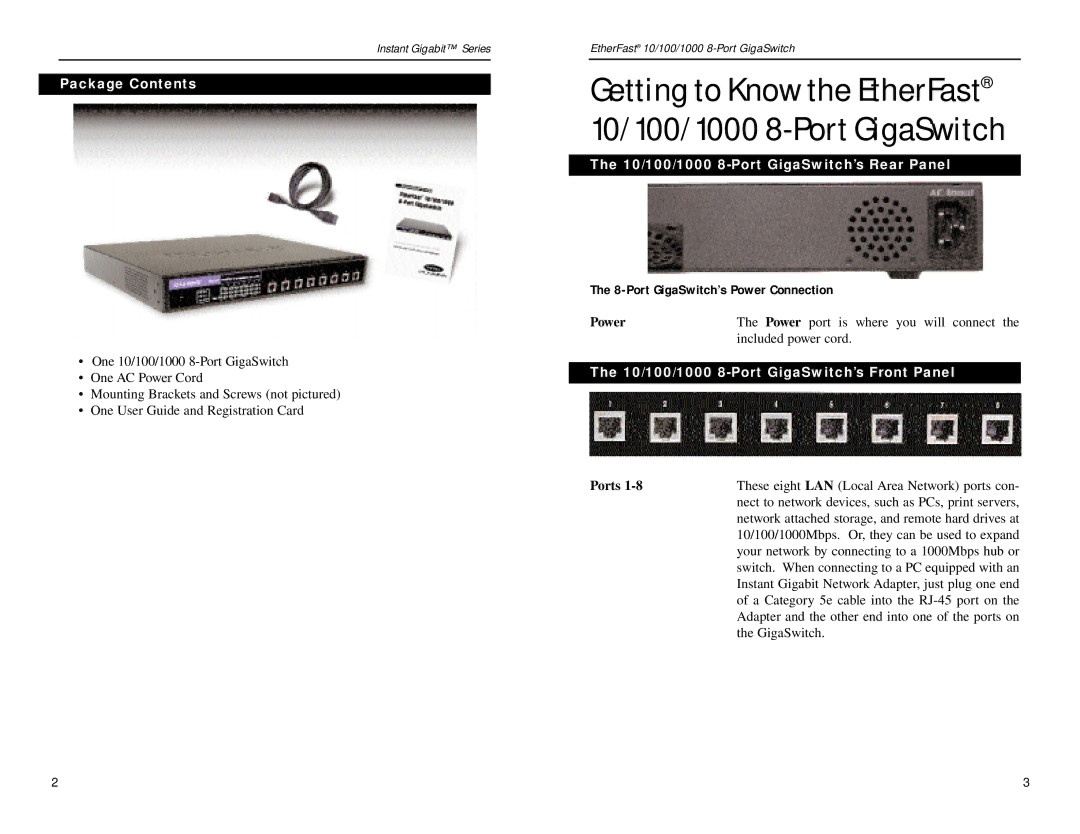 Linksys EG0008 manual Getting to Know the EtherFast 10/100/1000 8-Port GigaSwitch, Package Contents 